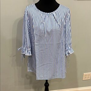 SHEIN Blue and White Striped Blouse with Tie Sleeves-NWOT